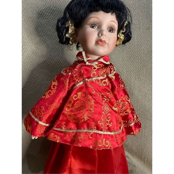 Unique Porcelain Asian Doll Red Traditional Outfit Dark Hair 15” with Stand - Picture 2 of 10